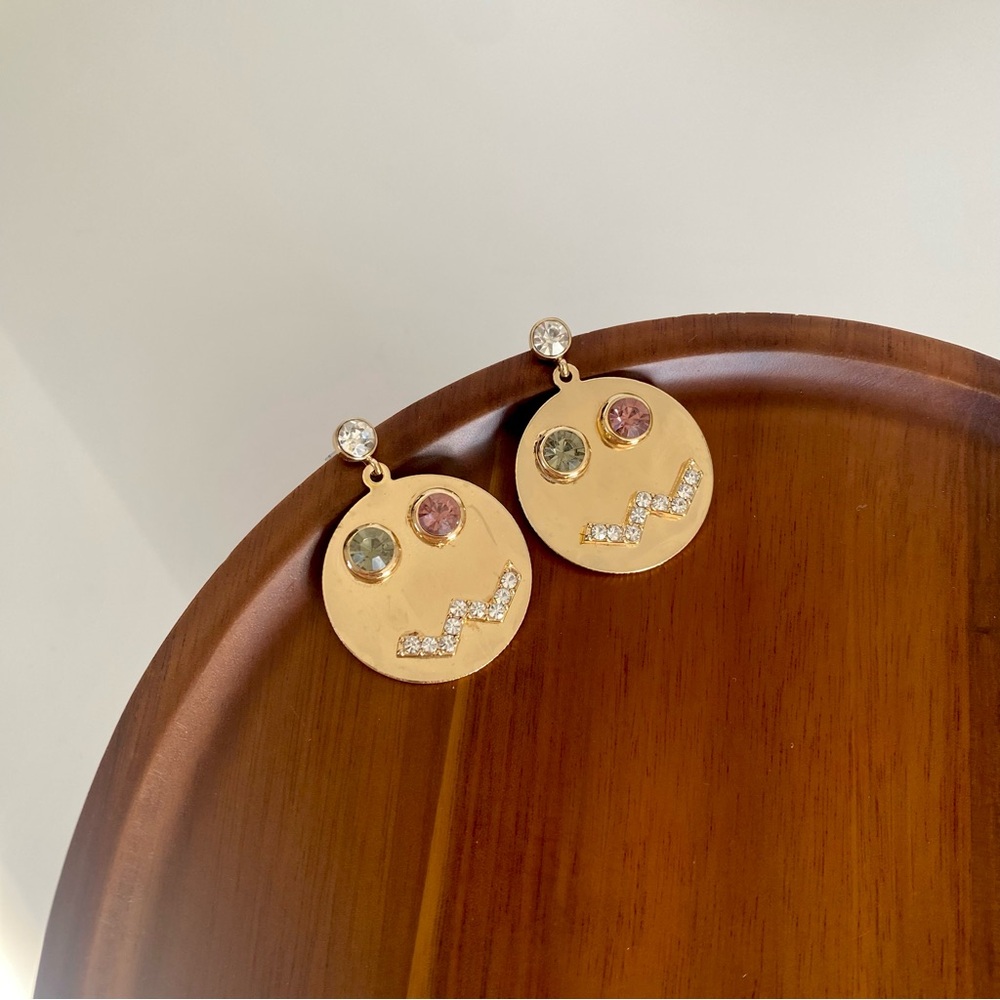 4/$15 Gold Wacky Face Emoji Earrings with Crystal Accents